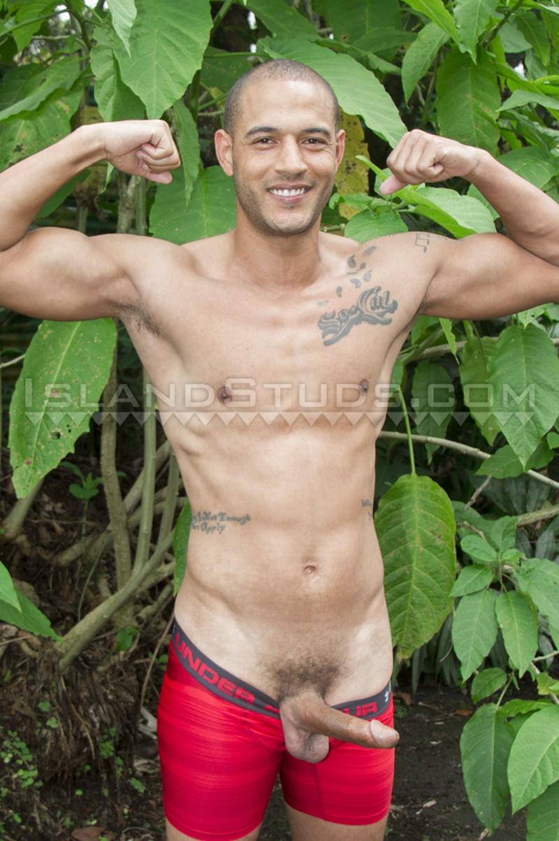 Island Studs straight ex army veteran Tyson strips naked stroking his huge 9 inch dick spraying jizz all over his abs